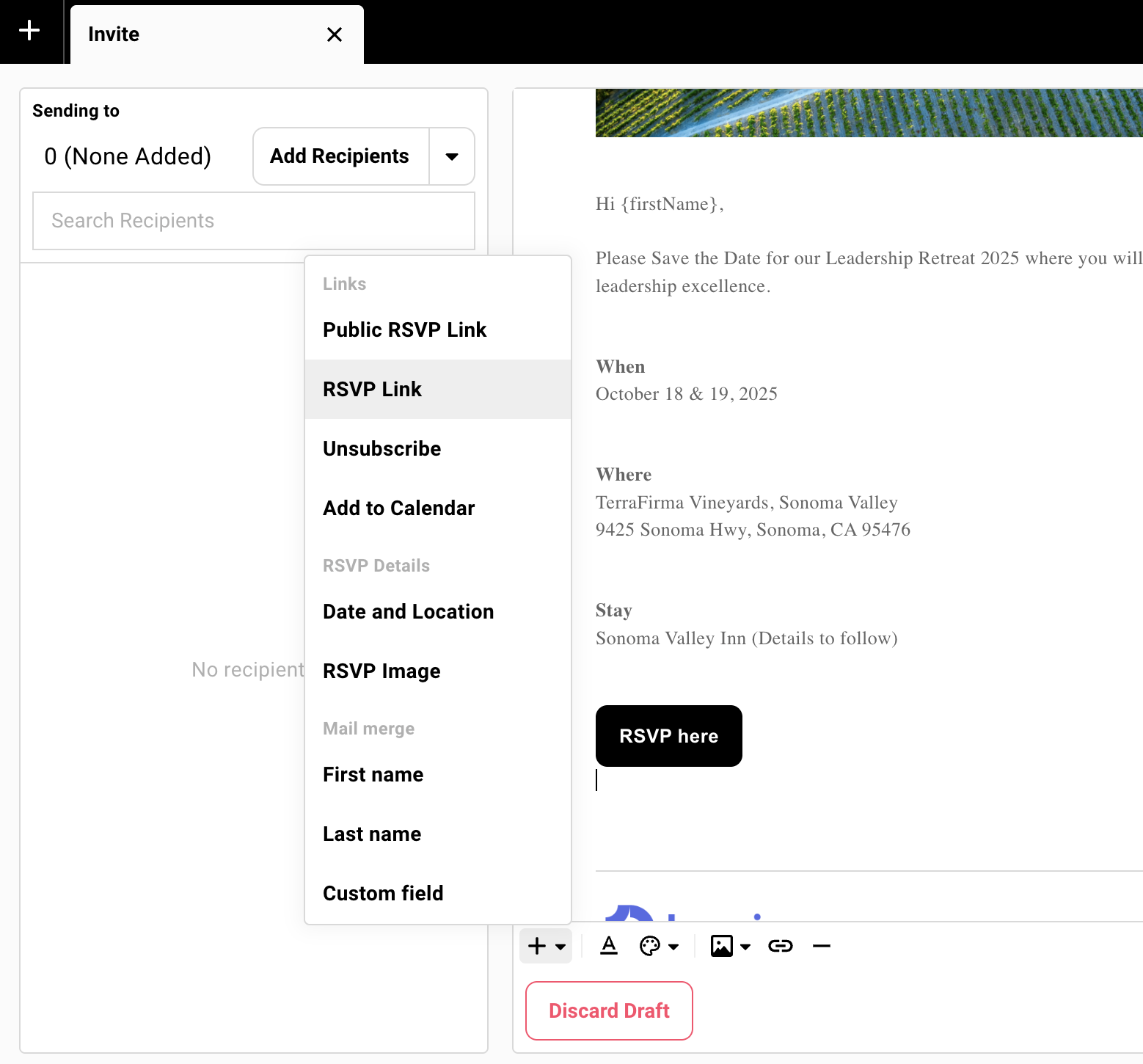 Showing the merge tag menu in the email campaign editor